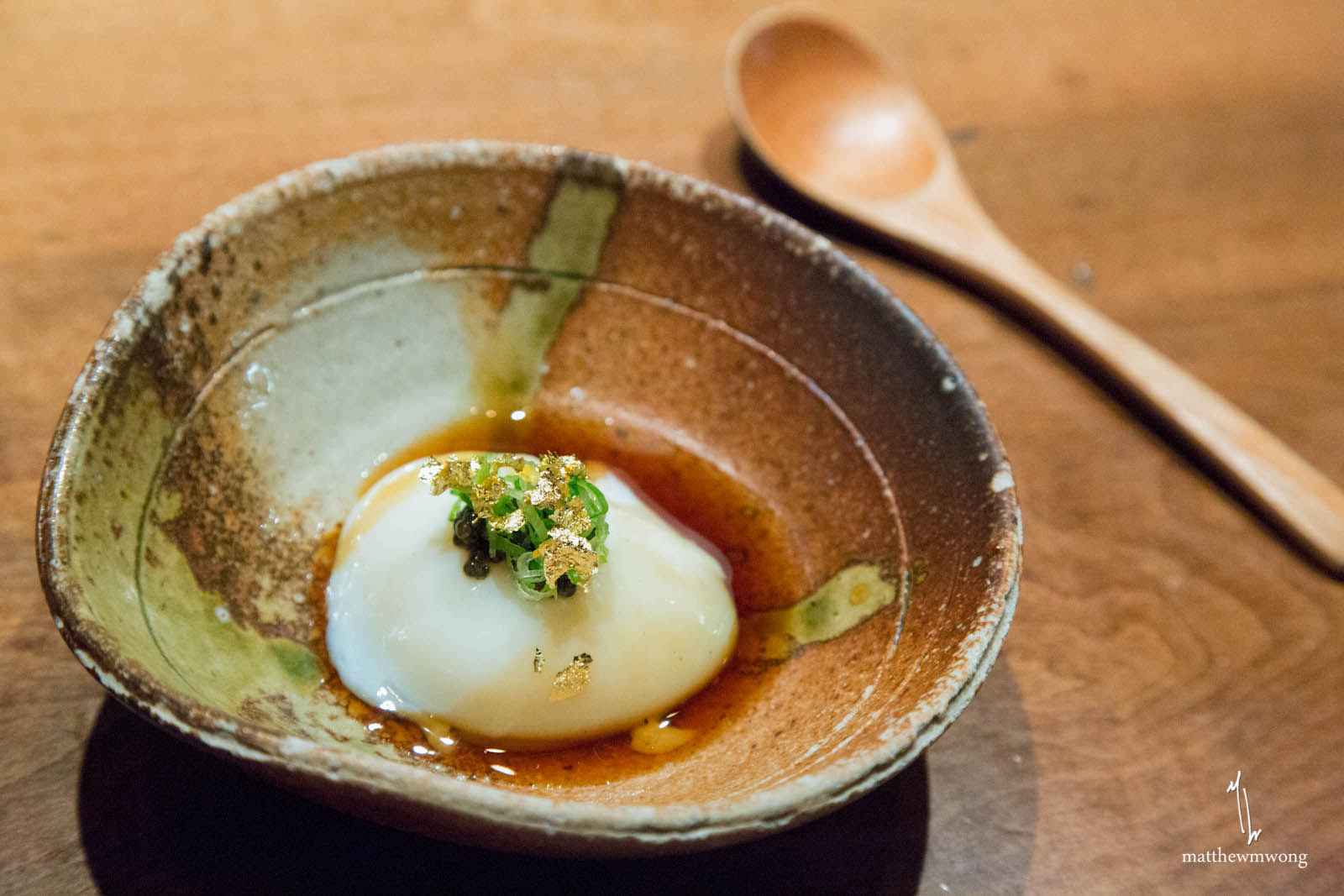 "Faberge" Onsen Egg - white sturgeon caviar, gold leaf, dashi sauce, green onion