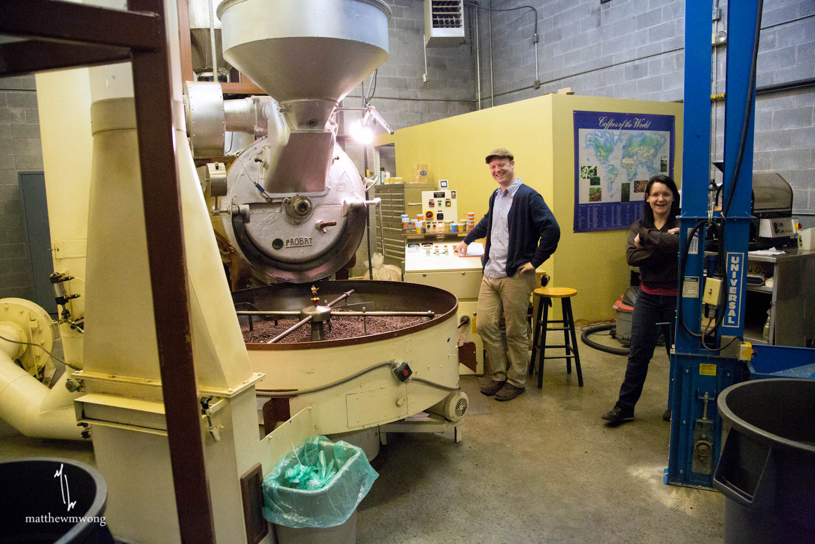 Roasting, having fun using the 90-kilo Probat roaster from the 1960s. What a beast!