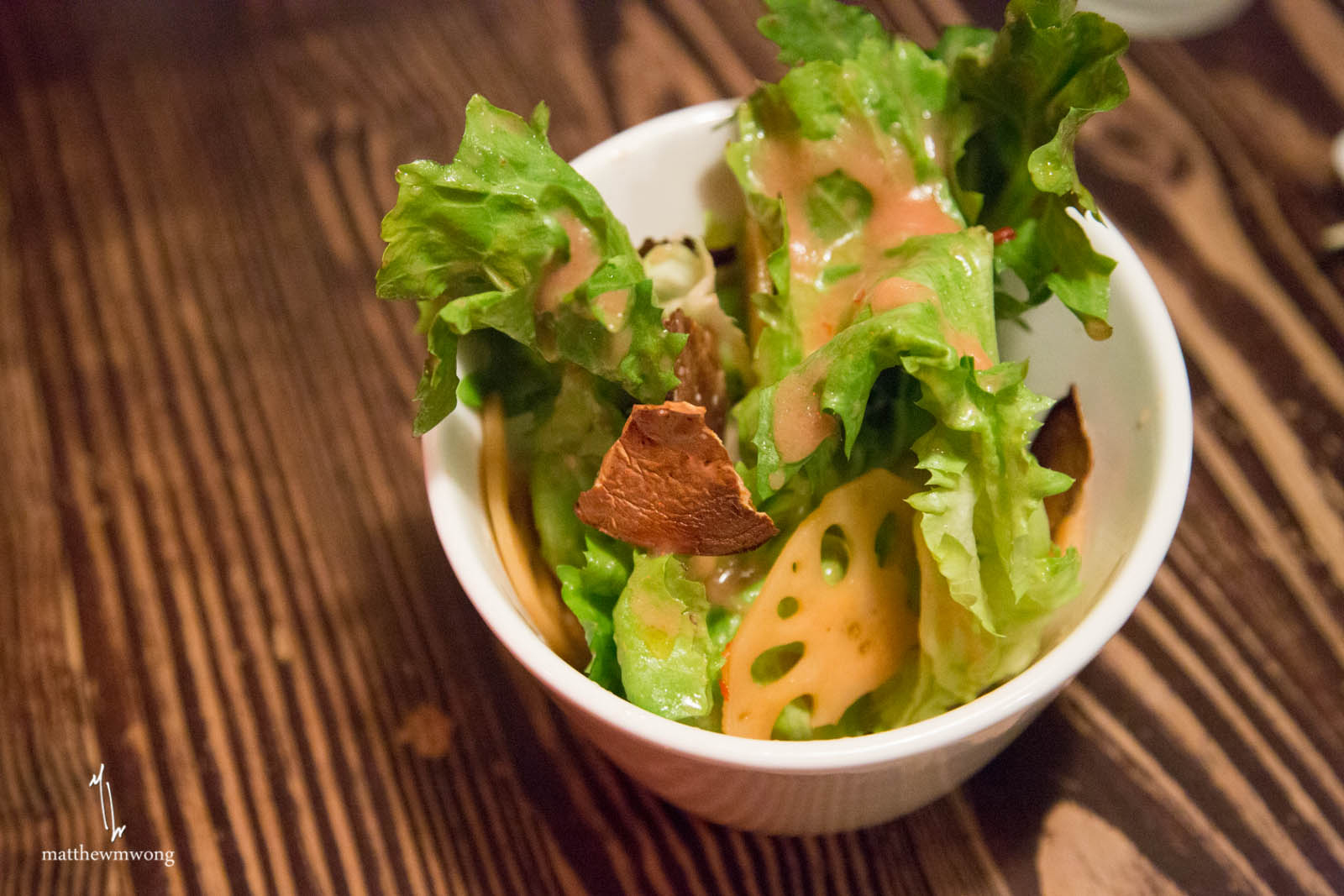 Green Salad, escarole, roast shiitake, spicy lotus root pickle, umeboshi plum dressing