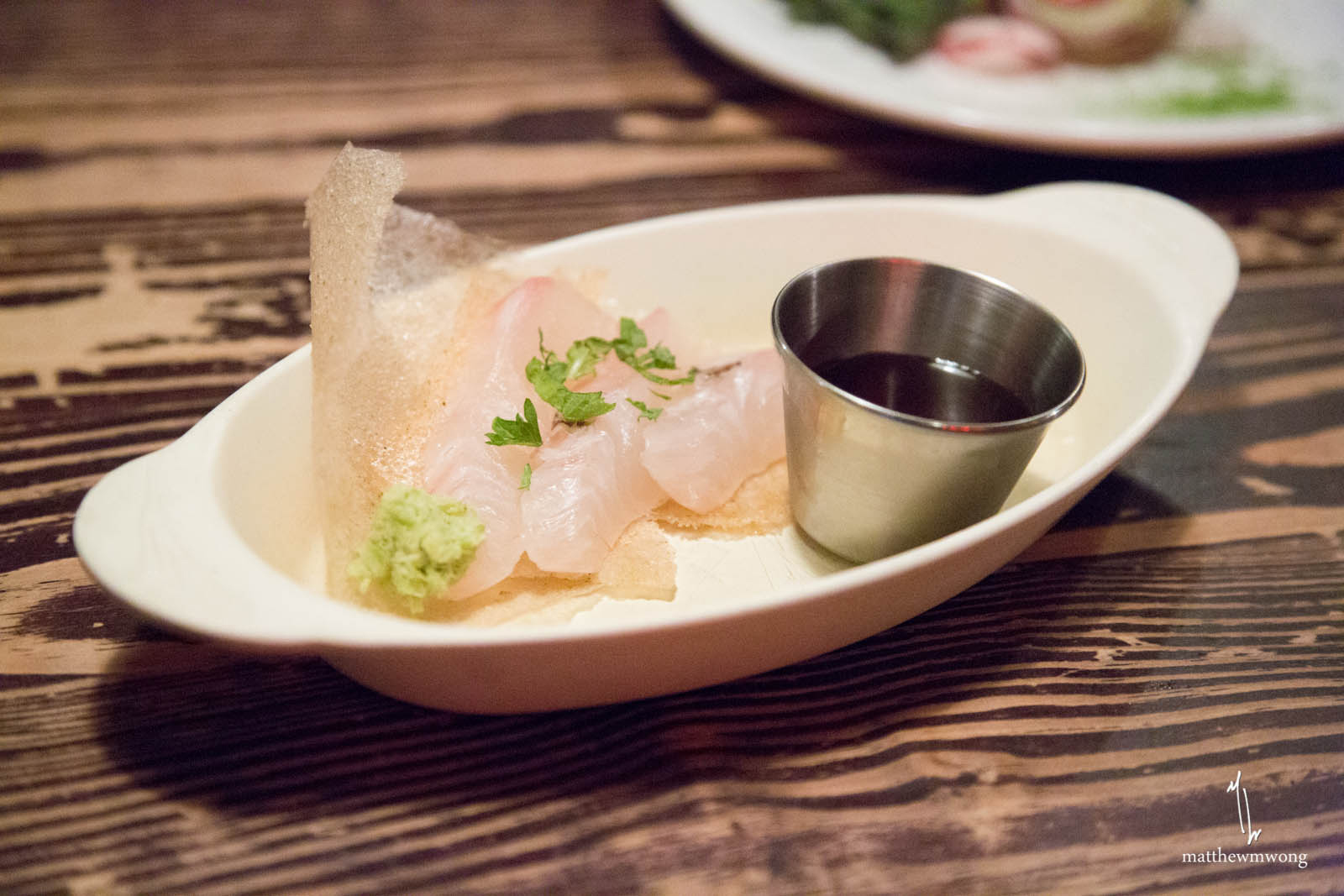 Sashimi, real wasabi, sudachi ponsu, shiso rice crispy paper