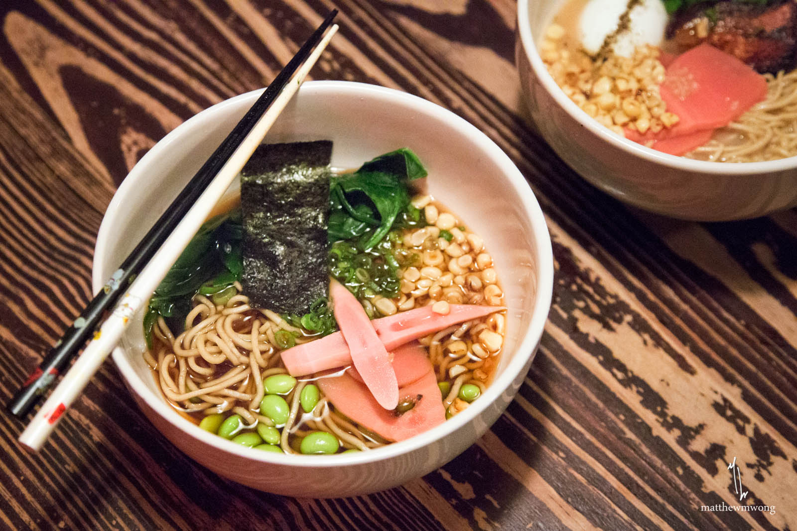 Ramen, shiitake, shiitake broth, scallion, nori, bamboo, edamame, spinach, corn