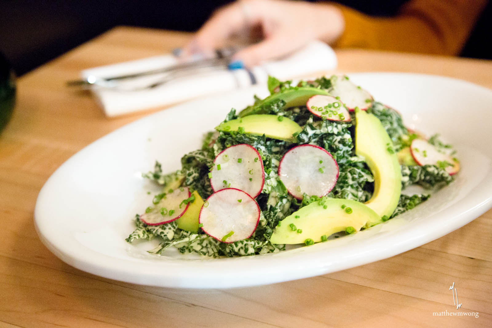 Dinosaur Kale Salad, radish, avocado, green goddess dressing