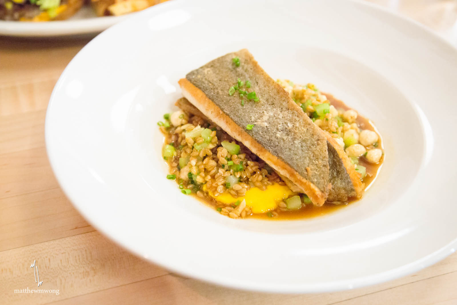 Skillet Crisped Trout, farro salad, hazelnuts, butternut squash puree, chicken jus