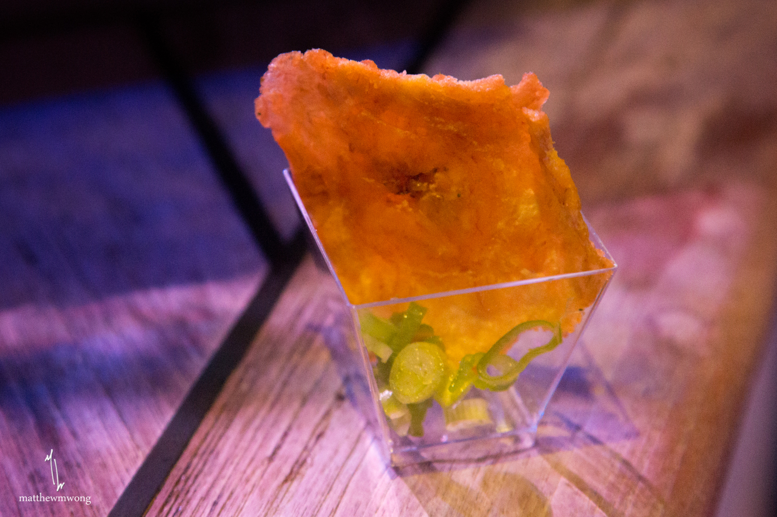 Tostones with garlic oil and bay leaf salt by Angelo Sosa