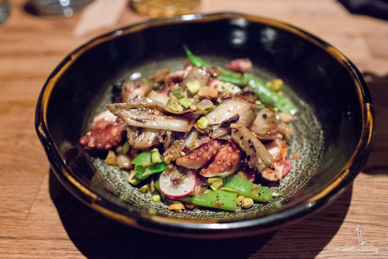 grilled baby octopus, guanciale, romanos, favas, pistachios, lemon vinaigrette