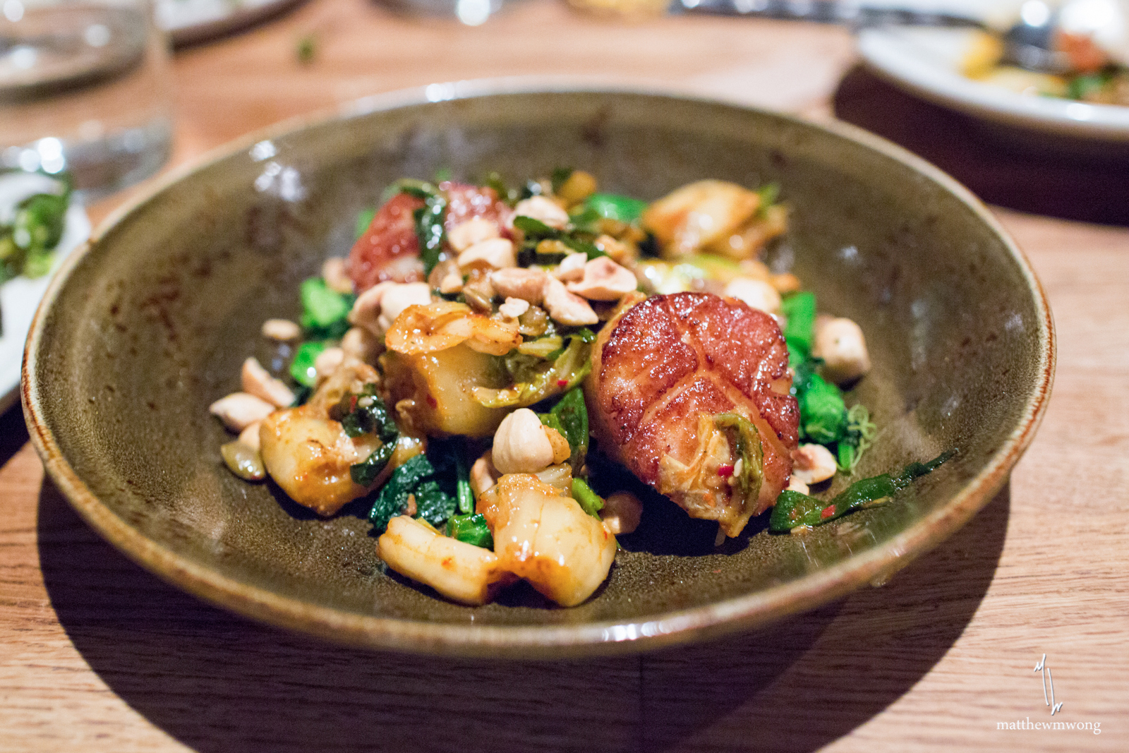 diver scallops, brown butter kimchee, hazelnut rapini, avocado