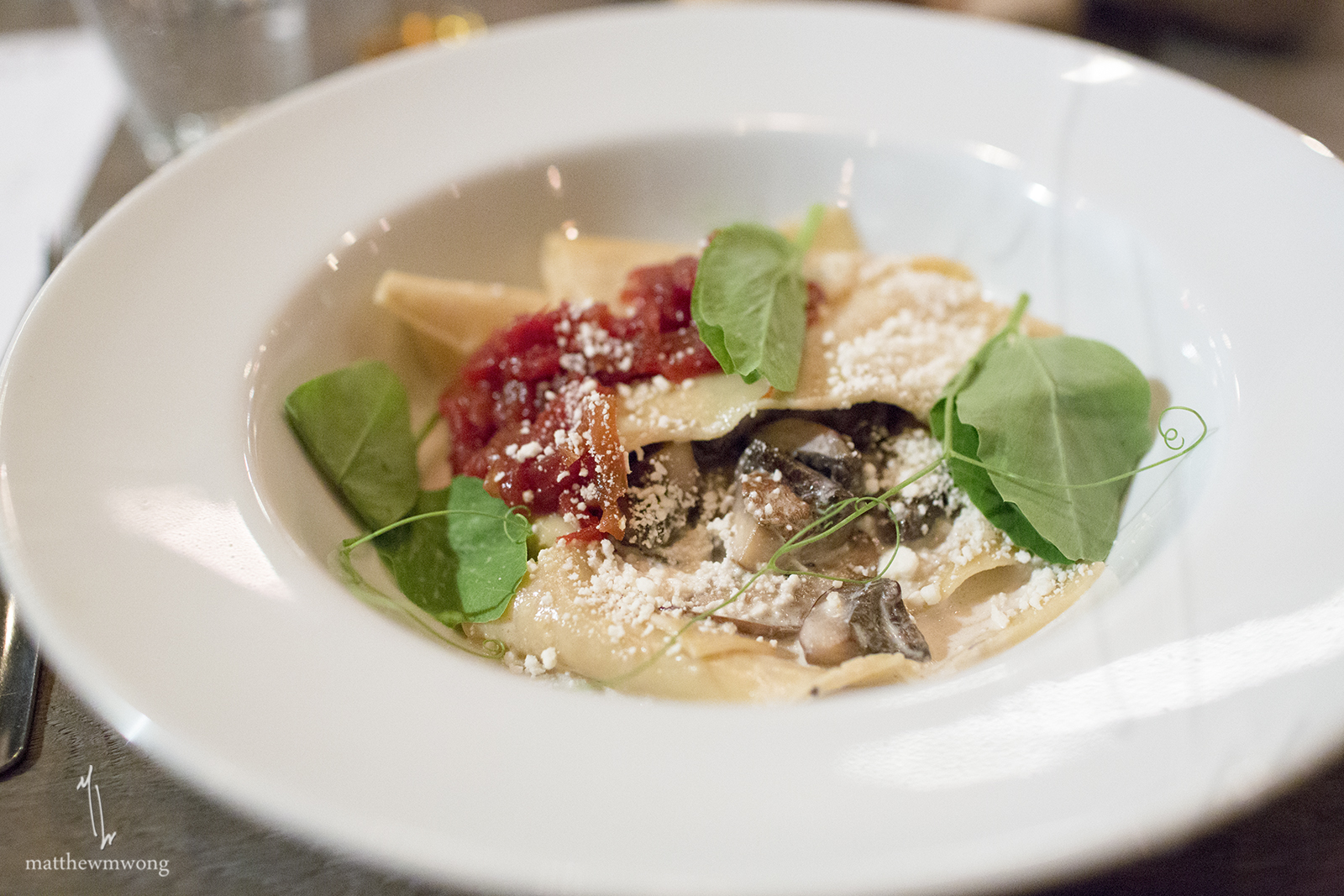 Silk Handkerchief pasta, wild mushroom confit, tomato marmalade, porcini cream