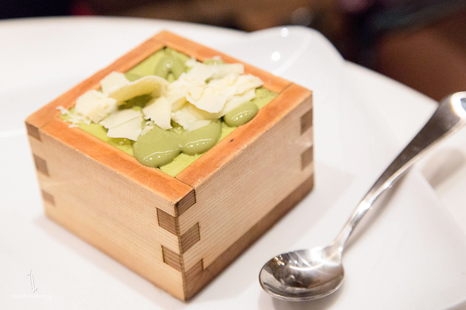 Green Tearamisu - Green tea mascarpone cream, green tea soaked ladyfingers, shaved white chocolate, matcha powder dust