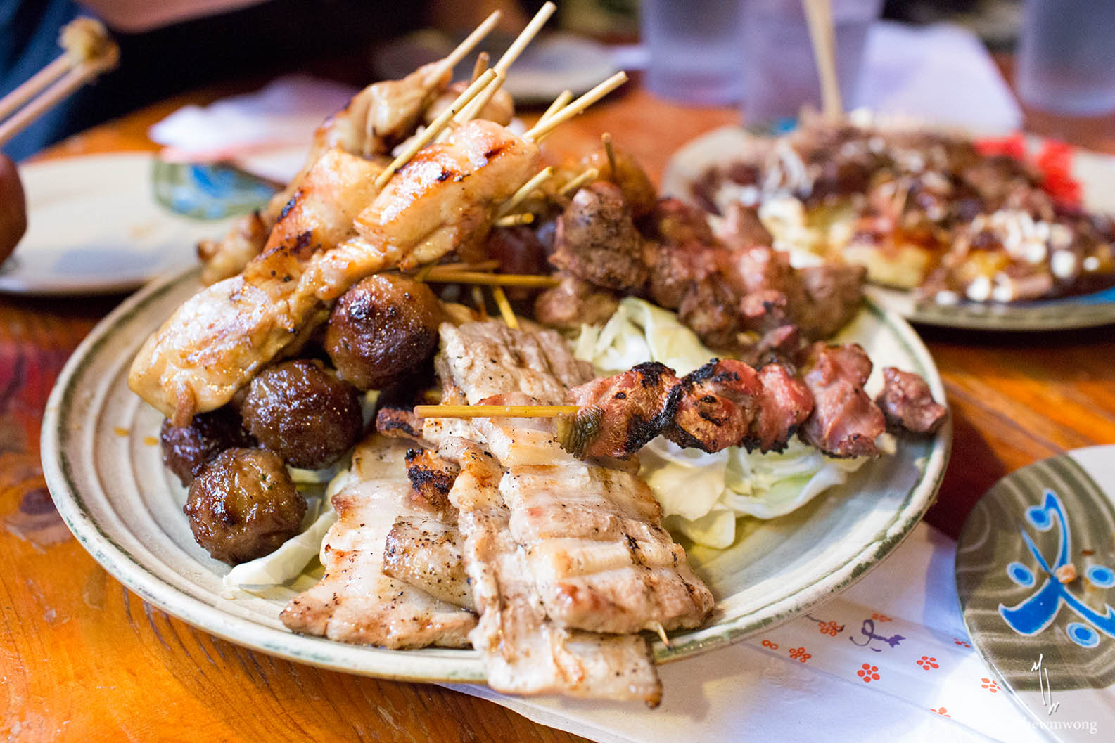 Yakitori Combo A: Chicken, Chicken Skin, Chicken Gizzard, Pork Belly, and Chicken Meatballs.