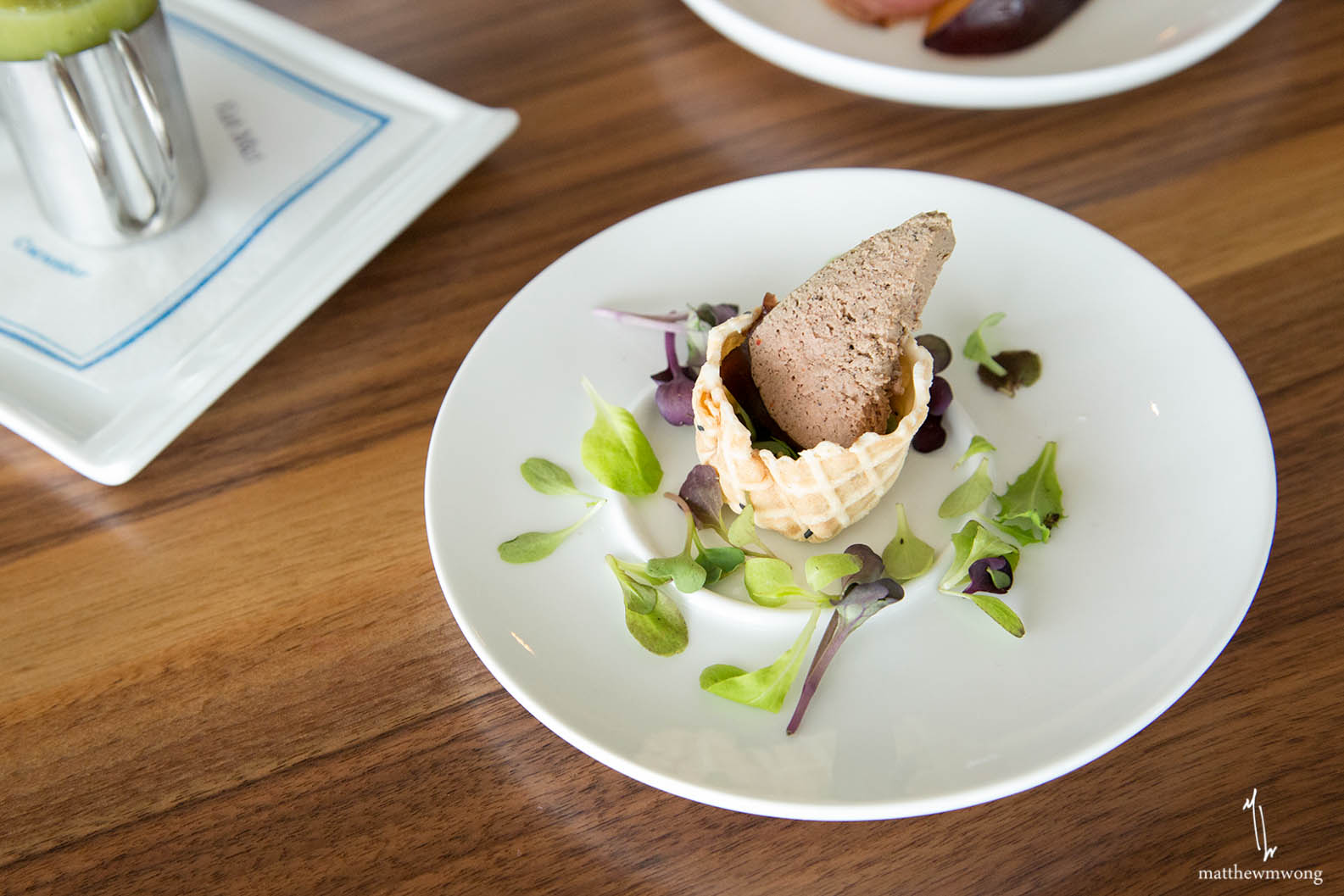 Spotted Trotter Duck Pate, Red Wine Braised Shallots, Basil Crisp Cup