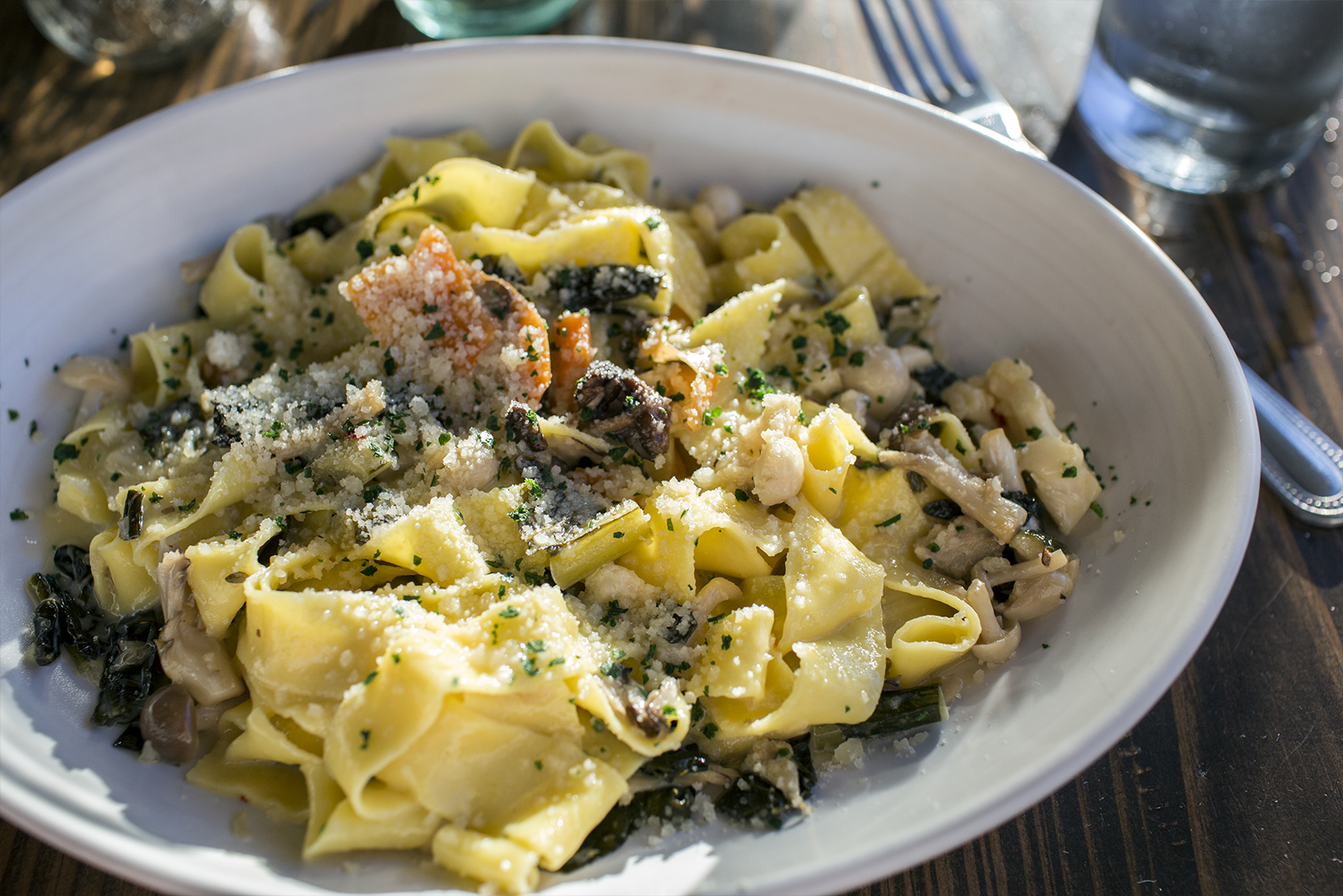 20 yolk tagliatelle with wild mushrooms, Tuscan kale Kimchi, butter