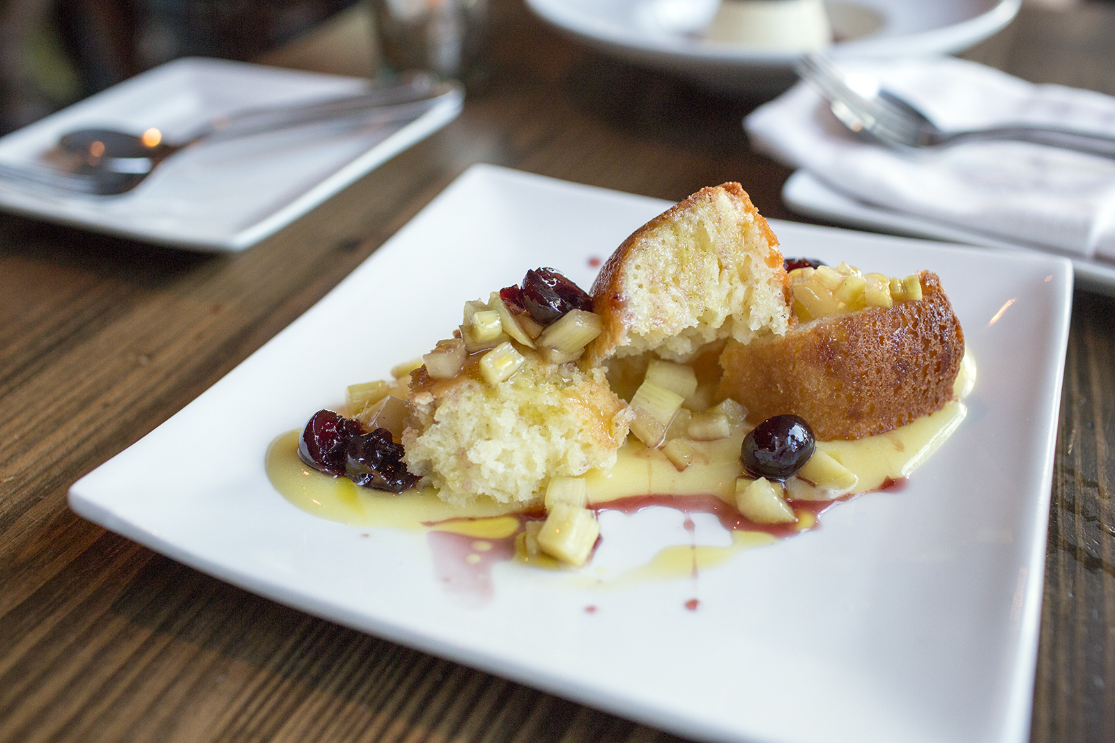 Pulled EVOO pound cake, meyer lemon curd, rhubarb, maraschino cherry