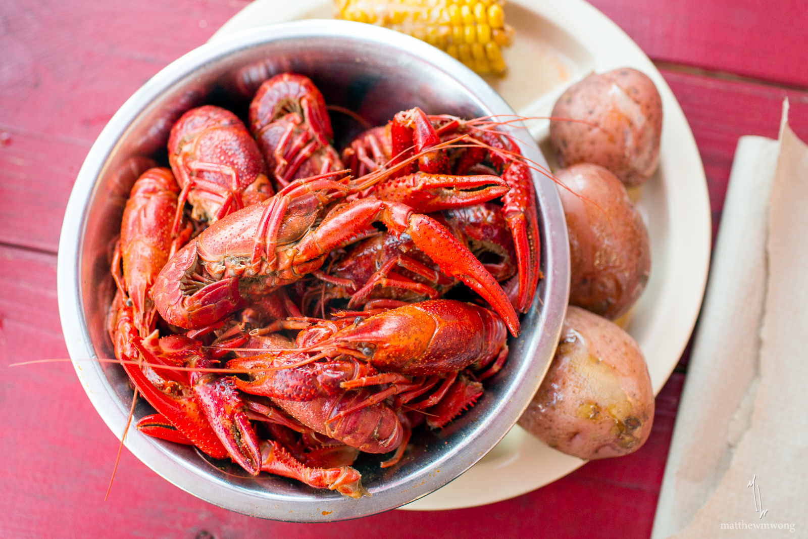 Meal #6 - 1 lb of boiled Crawfish, 2 Hush Puppies, and 2 side item choices (chose corn and red potatoes)