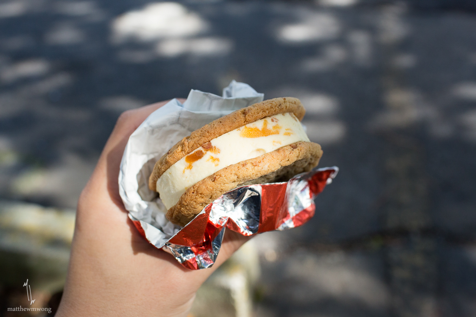 Butter pecan and peach ice cream sandwich