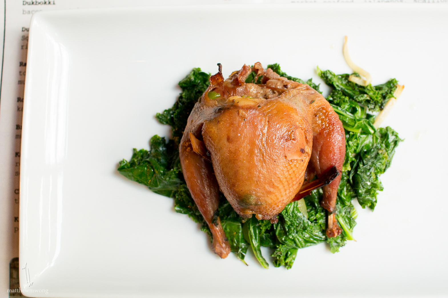 Roasted Quail - kale, ginger, garlic, Shao Xing Wine