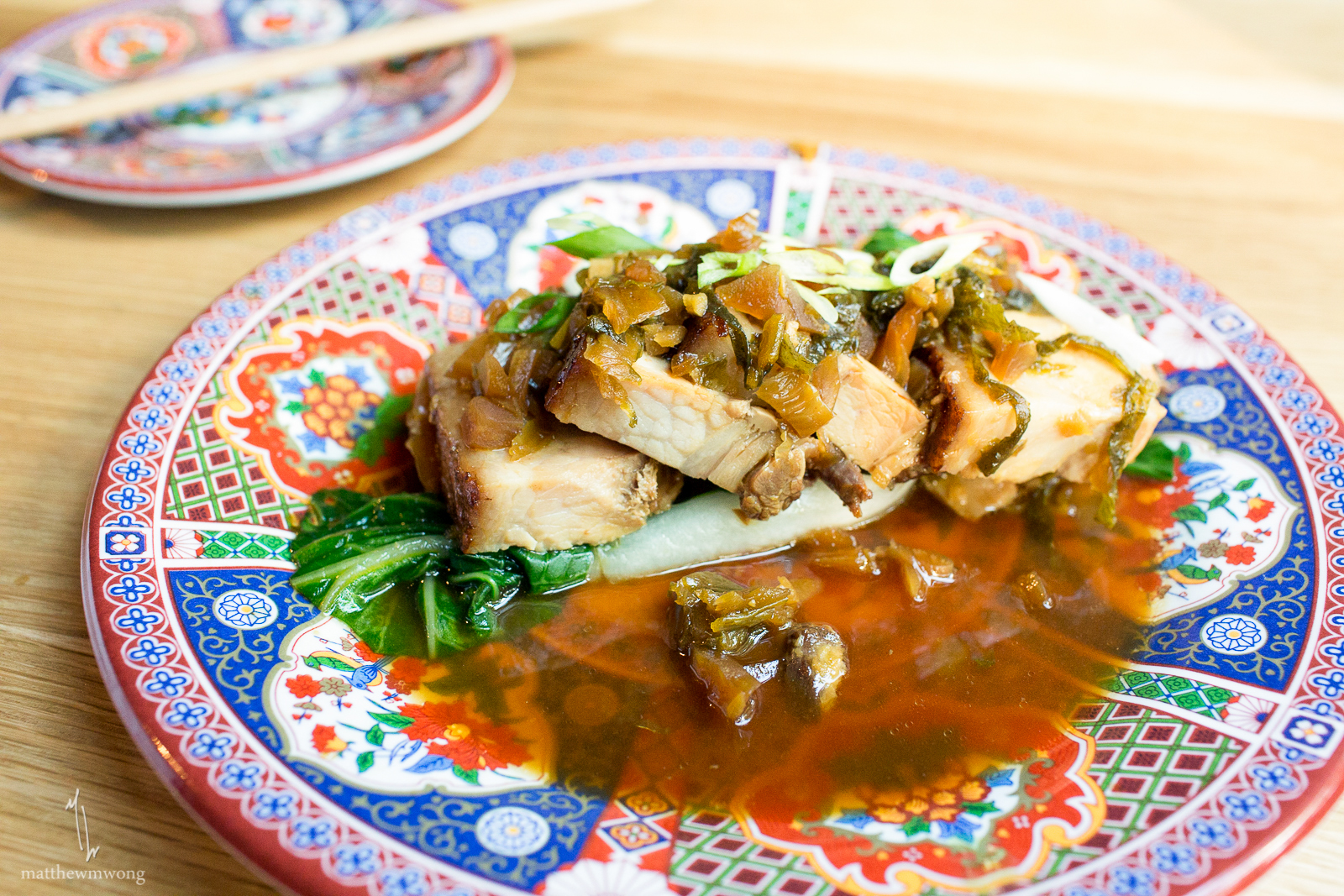 Braised Pork Belly - Mustard greens, veg, cilantro gremolata