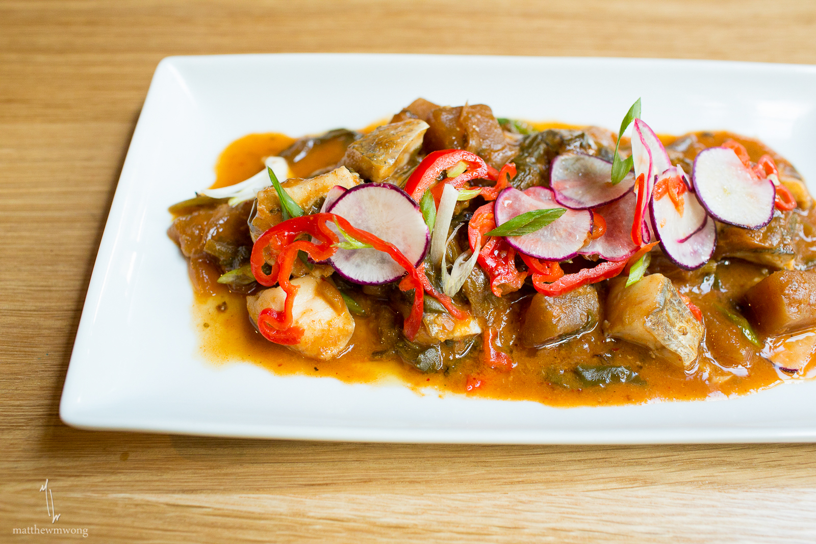 Braised fish - market fish, turnips, radish, peppers